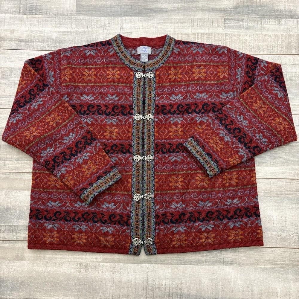 Carroll Reed Women's Sweater Size XL 100% Wool Cardigan Silver Metal Clasps Boho